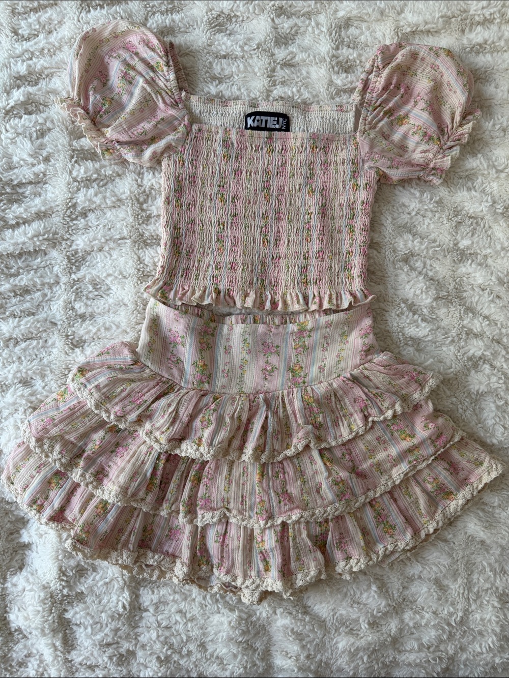 Katie J NYC Pastel Pink Floral Smocked Top and Skirt (set)